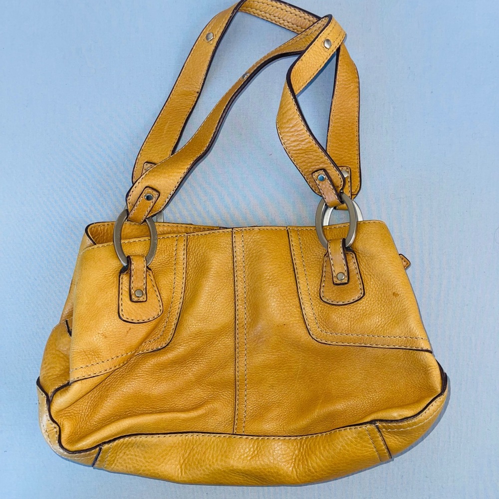 Fossil Shoulder Bag Pebbled Leather Mustard Yellow Silver Hardware